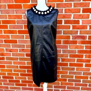 Cache Black Faux Leather Embelished Neckline Mini Shift Dress Womens Small